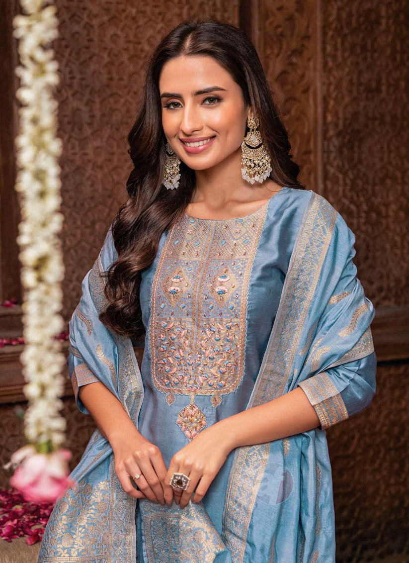 Sky Blue Viscose Nylon Hand Work Readymade Drees
