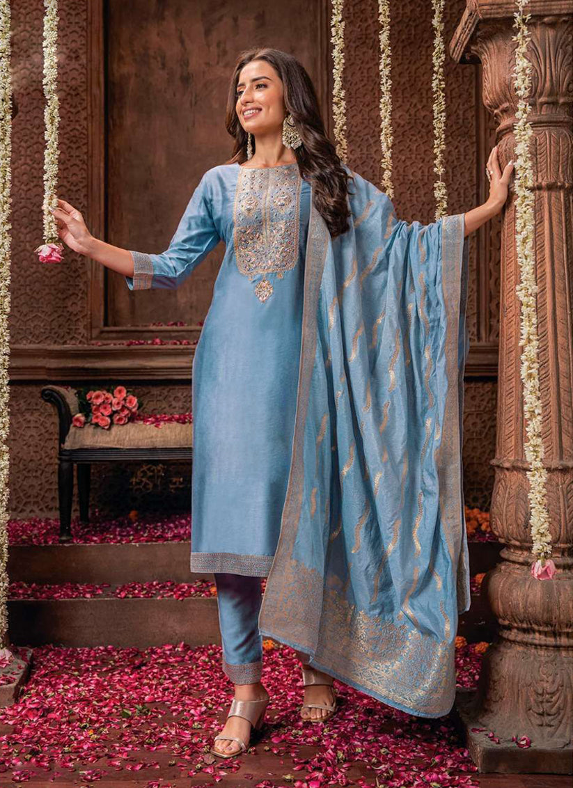 Sky Blue Viscose Nylon Hand Work Readymade Drees