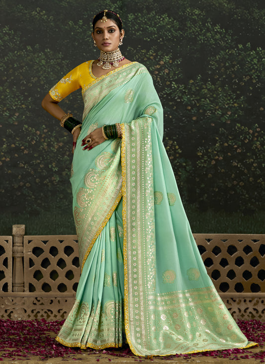 Turquoise Dola Silk Embroidered Wedding Saree