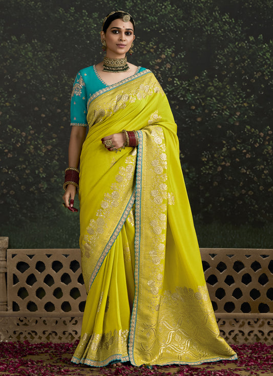 Chartreuse Dola Silk Embroidered Wedding Saree