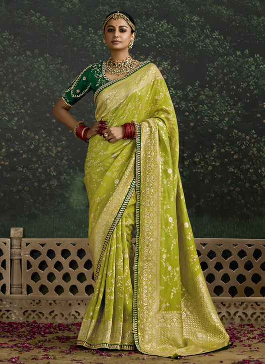 Lime Green Dola Silk Embroidered Wedding Saree