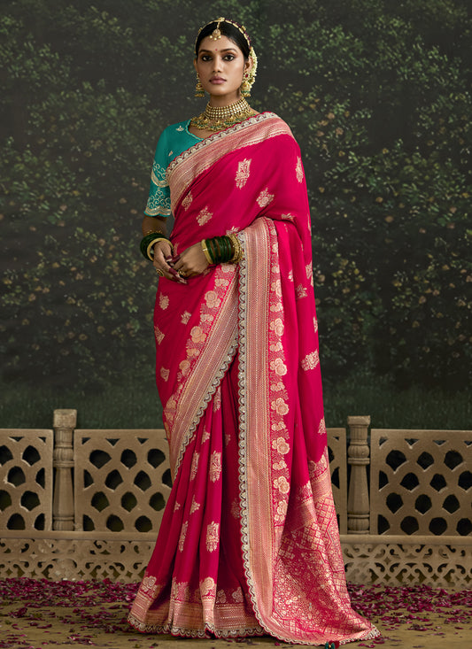 Rani Pink Dola Silk Embroidered Wedding Saree
