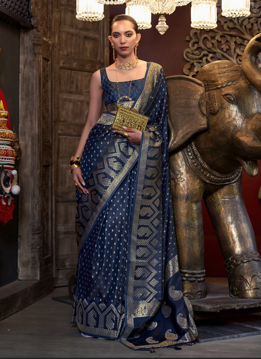 Peacock Blue Pure Satin Handloom Weaving Saree