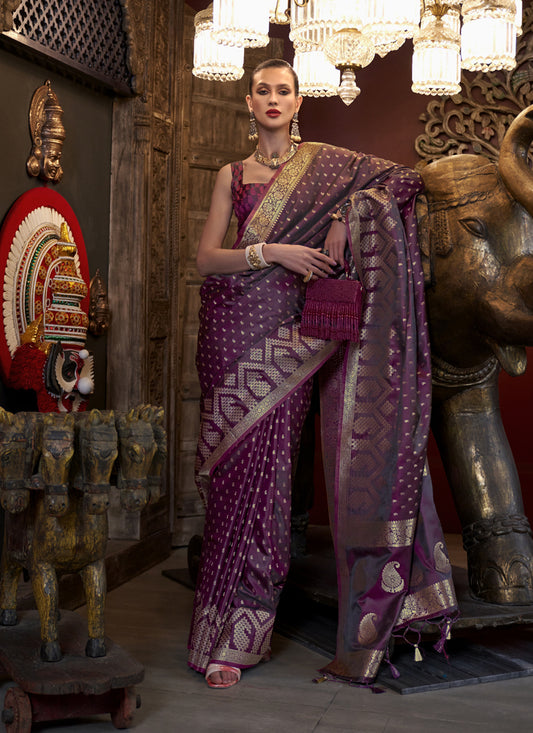 Burgundy Pure Satin Handloom Weaving Saree