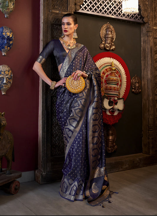 Midnight Blue Pure Satin Handloom Weaving Saree