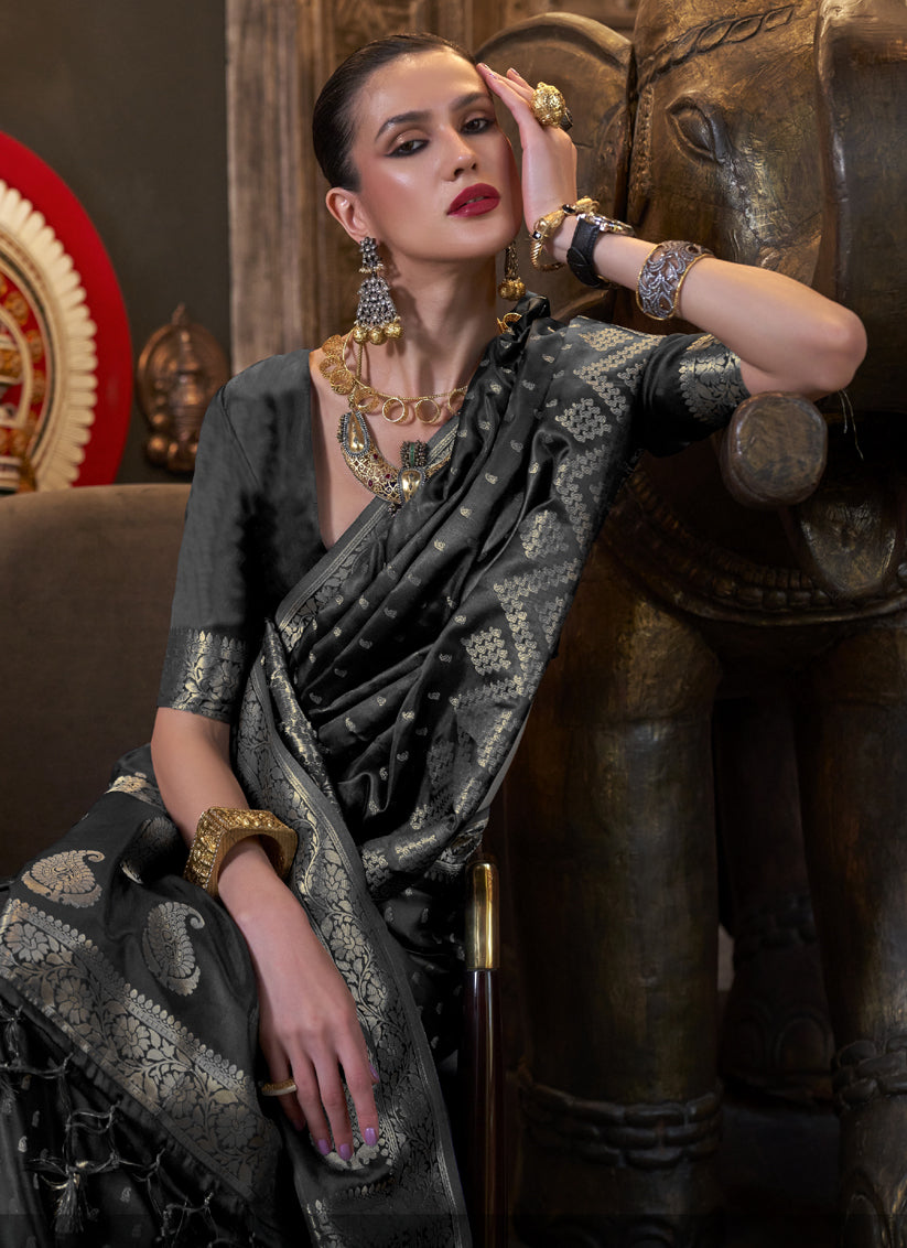 Black Pure Satin Handloom Weaving Saree