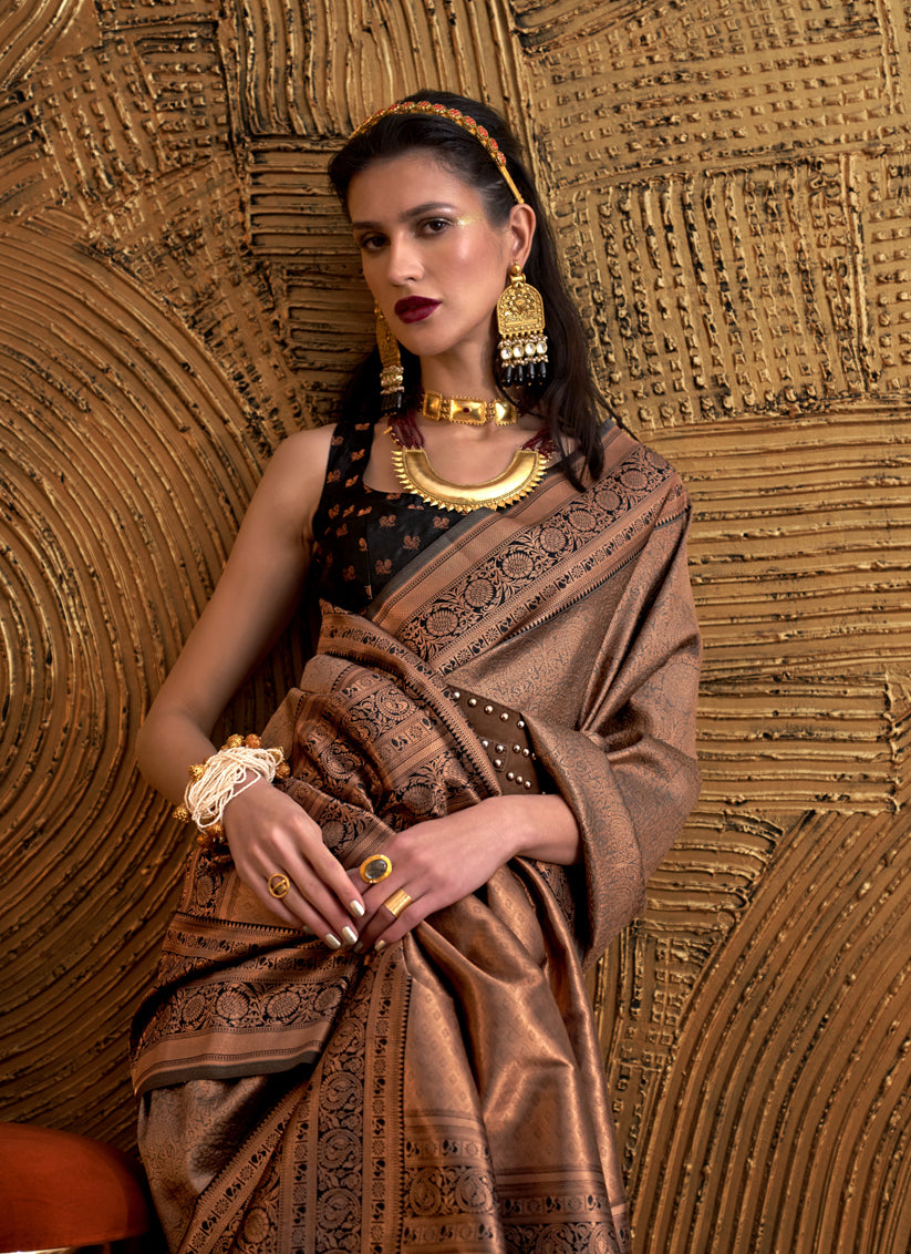 Brown Handloom Weaving Silk Zari Woven Saree