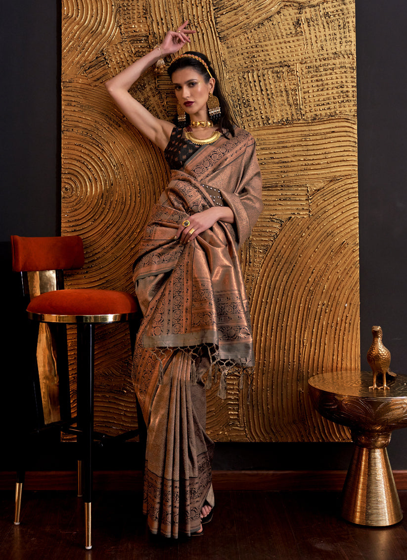 Brown Handloom Weaving Silk Zari Woven Saree