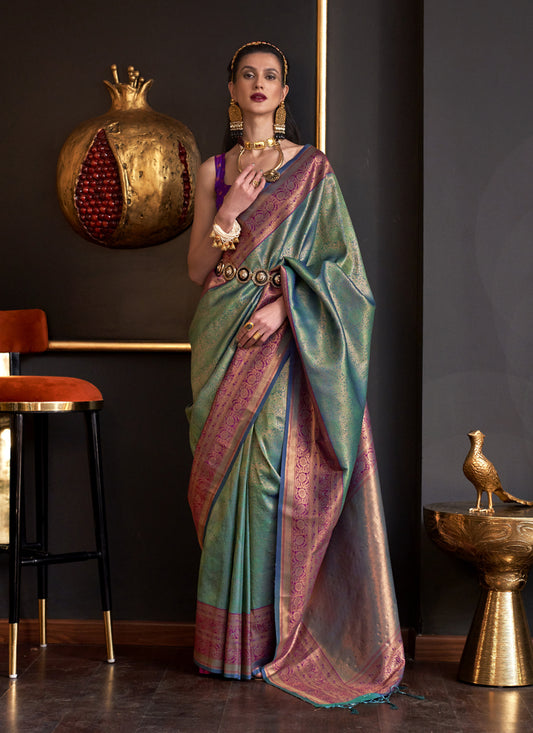 Sage Green Handloom Weaving Silk Zari Woven Saree