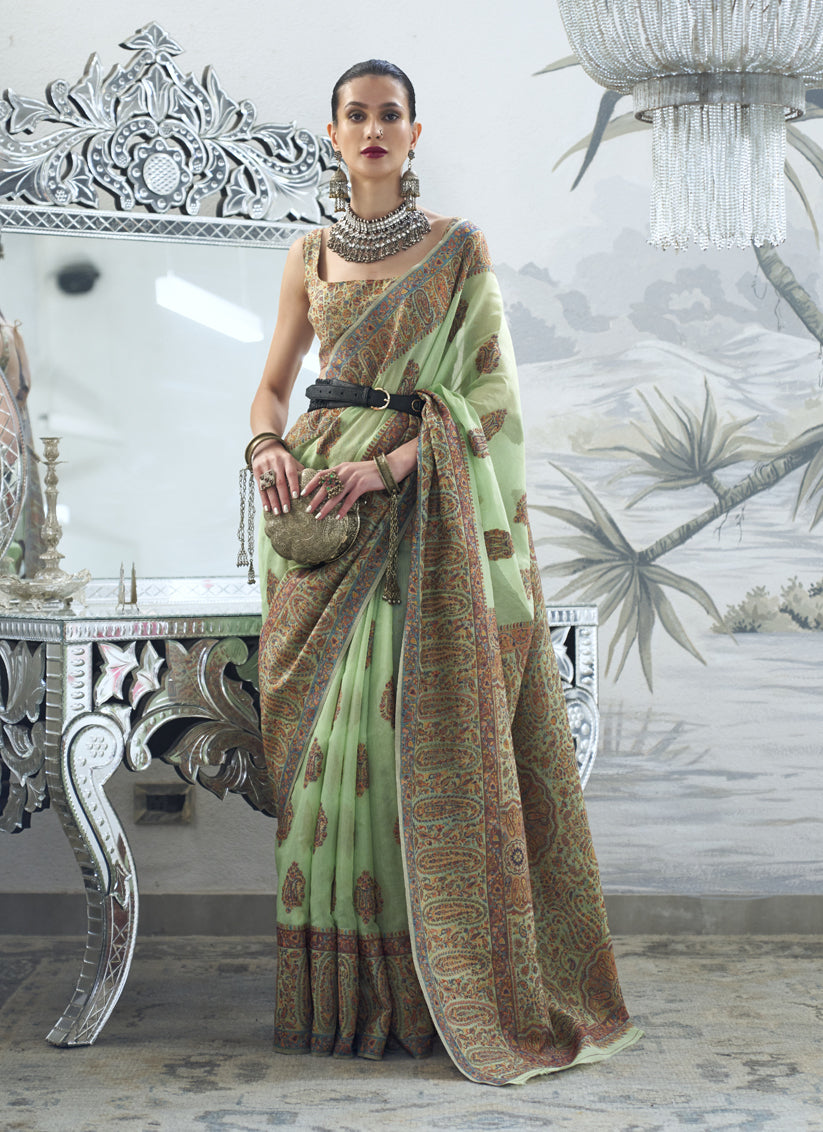 Pistachio Green Silk Kashmiri Handloom Weaving Saree