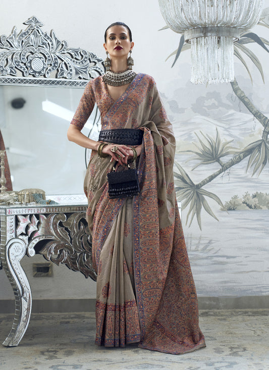 Taupe Silk Kashmiri Handloom Weaving Saree