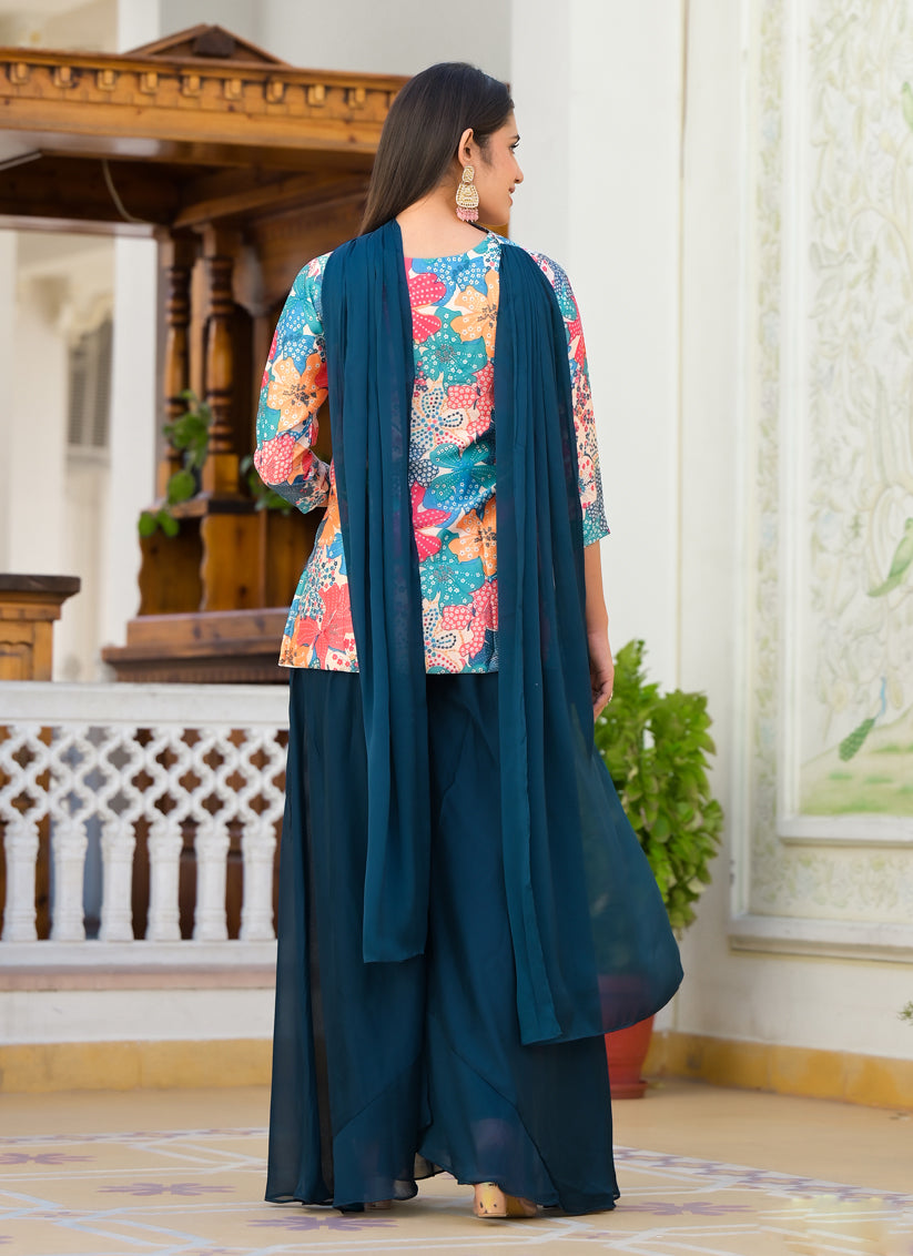 Multicolor Satin Floral Print Readymade Palazzo Kameez