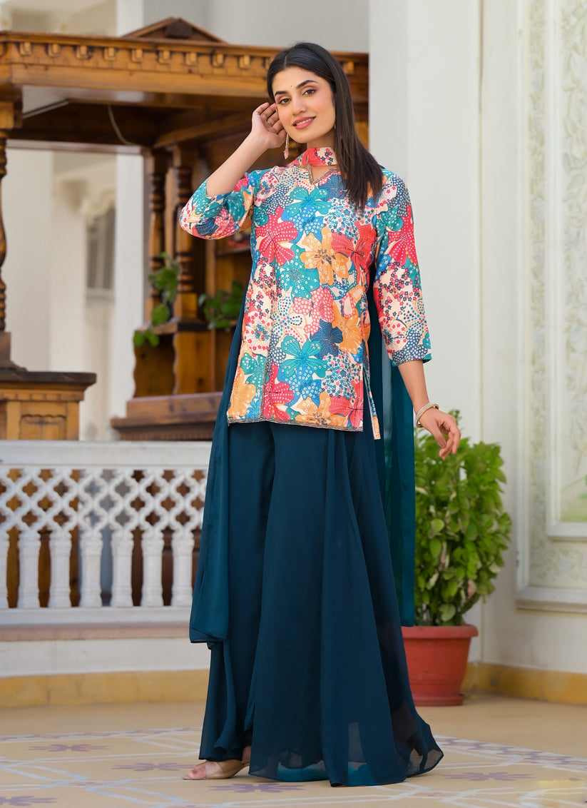 Multicolor Satin Floral Print Readymade Palazzo Kameez