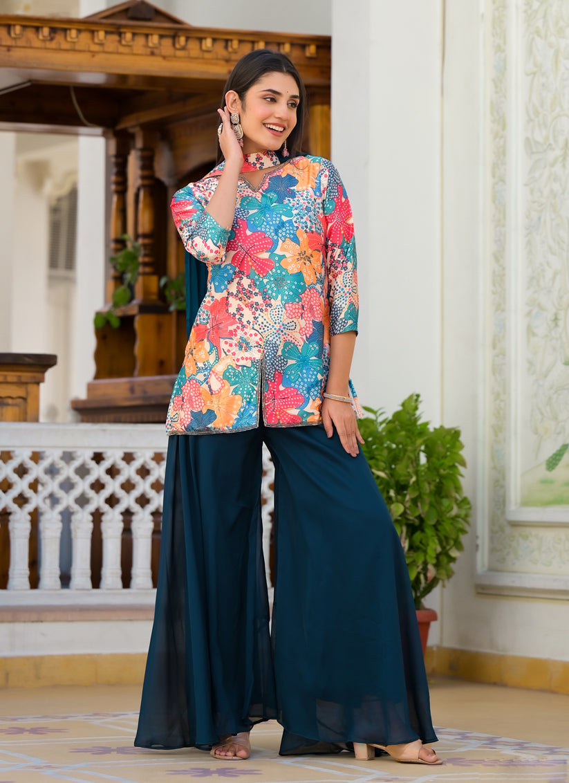 Multicolor Satin Floral Print Readymade Palazzo Kameez