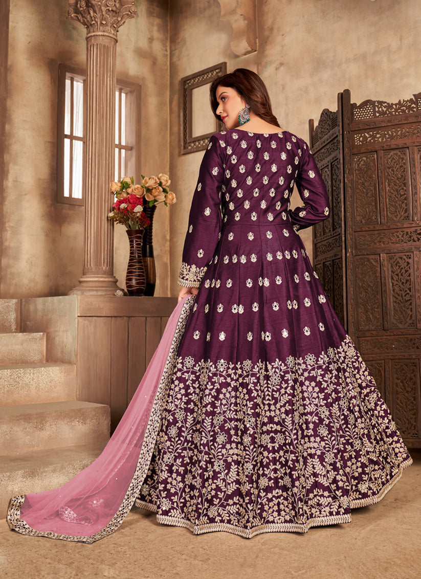 Burgundy Art Silk Embroidered Pant Kameez