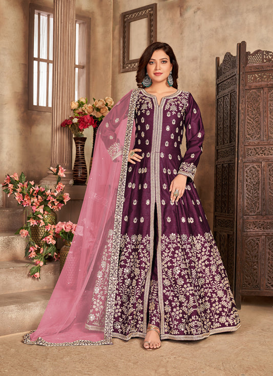 Burgundy Art Silk Embroidered Pant Kameez