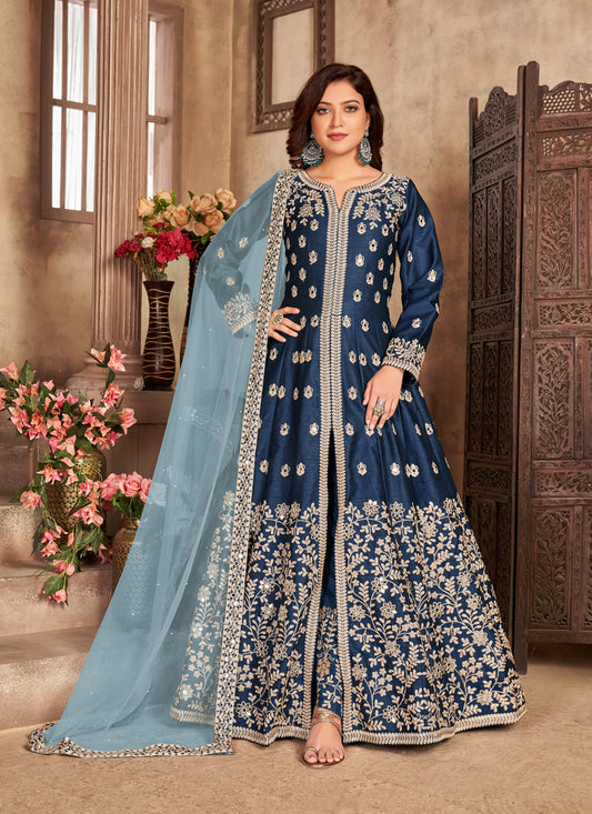 Navy Blue Art Silk Embroidered Pant Kameez