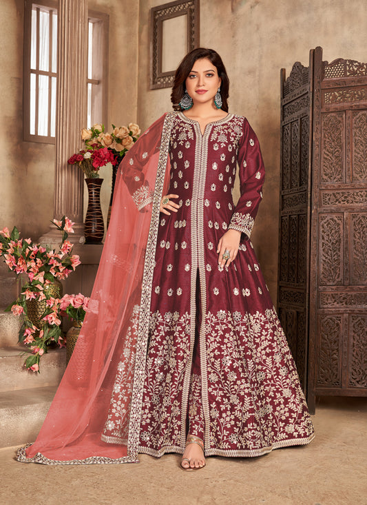 Maroon Art Silk Embroidered Pant Kameez