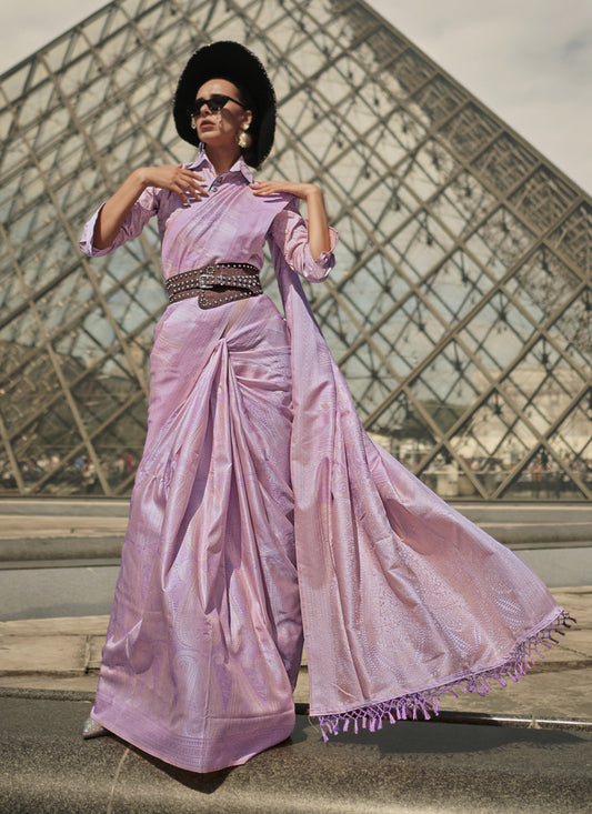 Lilac Pink Silk Handloom Woven Saree