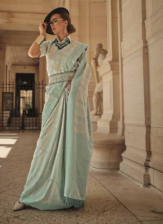 Mint Blue Silk Handloom Woven Saree