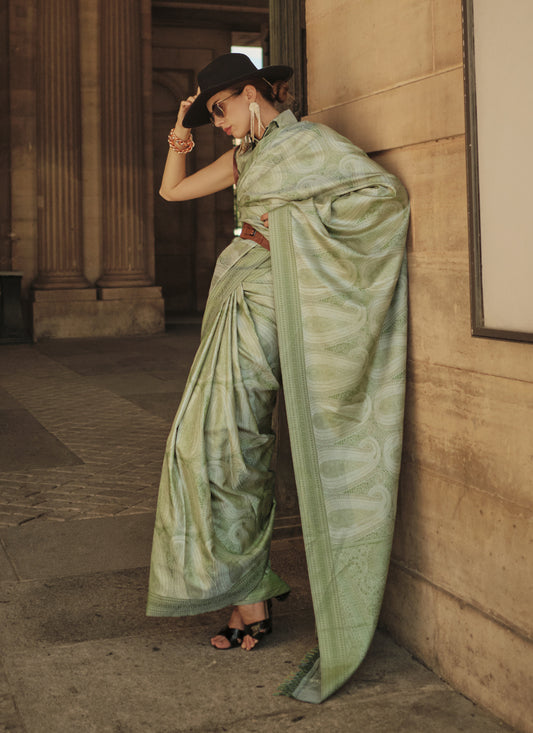 Sage Green Silk Handloom Woven Saree