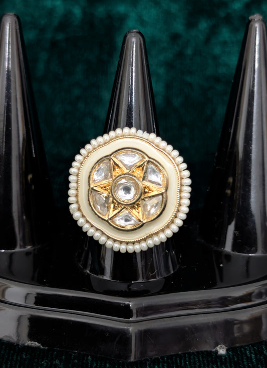 Kundan Studded and White Pearl Ring For Women