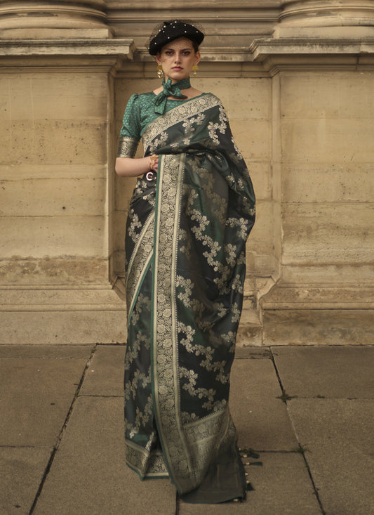 Bottle Green Satin Silk Woven Saree