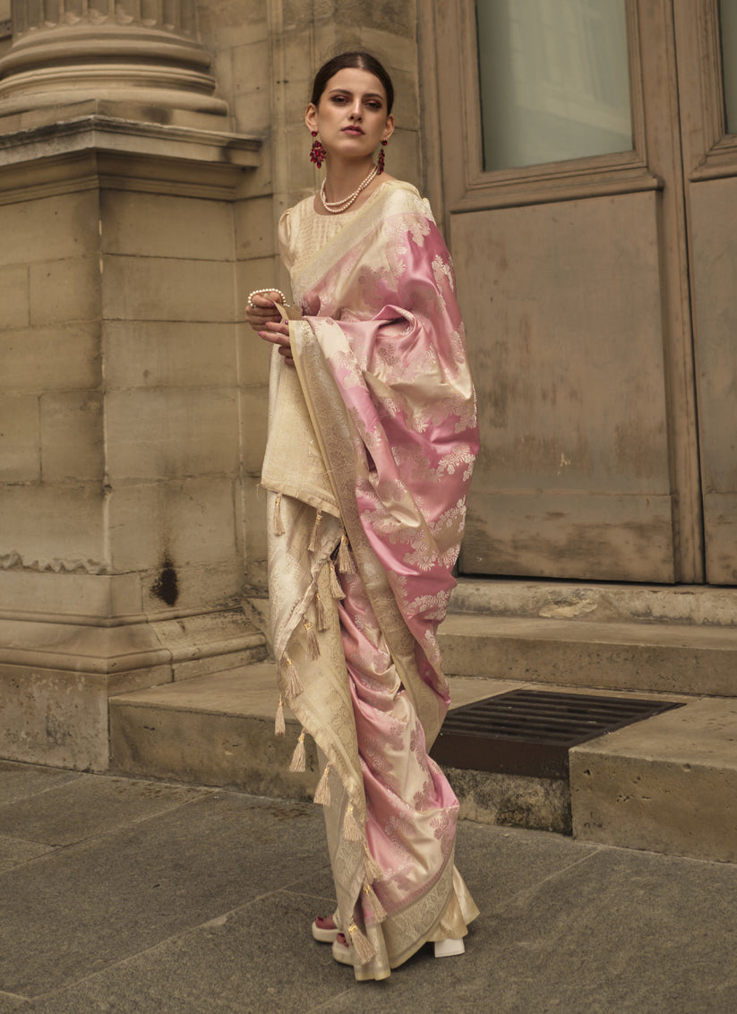 Soft Pink Satin Silk Woven Saree