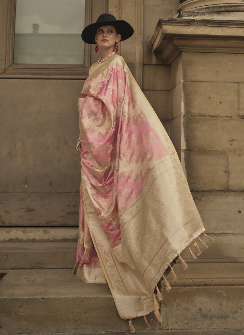 Soft Pink Satin Silk Woven Saree