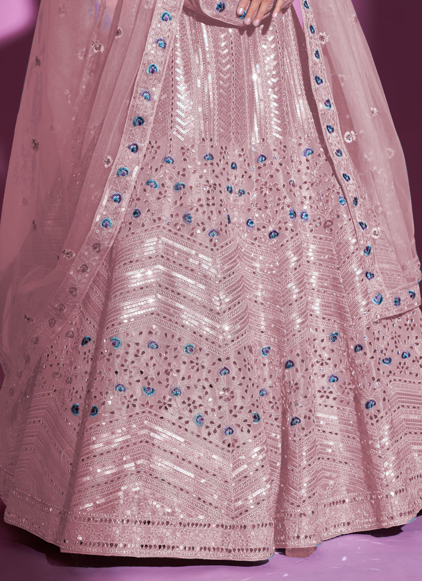 Blush Pink Net Embroidered Designer Lehenga Choli