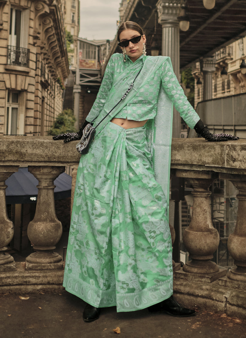 Aqua Green Organza Lucknowi Handloom Weaving Saree