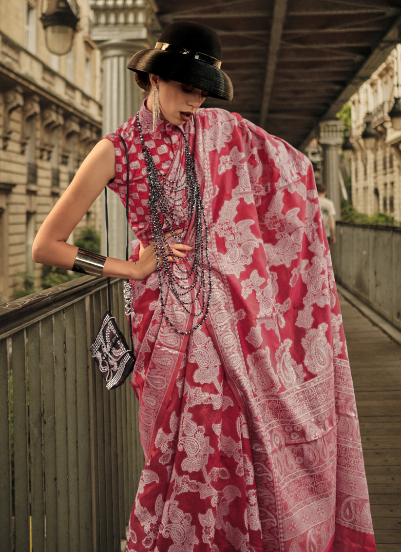 Carrot Red Organza Lucknowi Handloom Weaving Saree