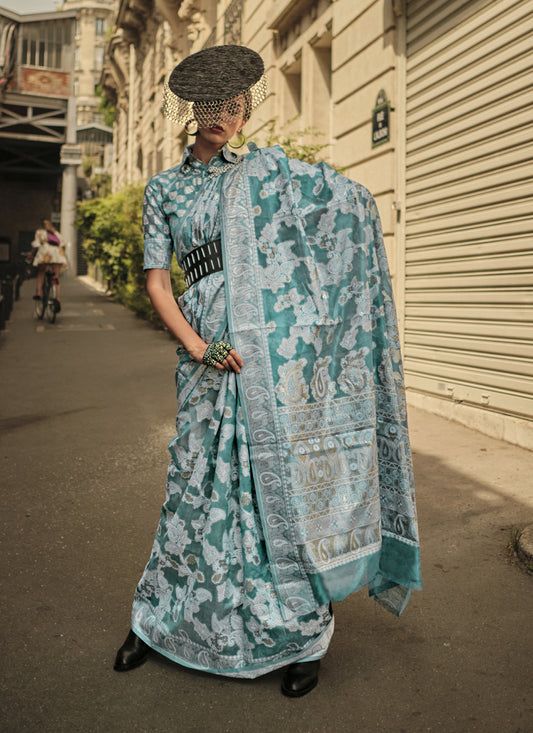 Teal Mint Organza Lucknowi Handloom Weaving Saree