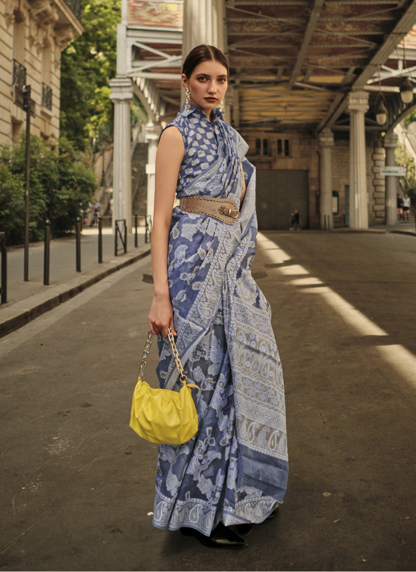 Slate Blue Organza Lucknowi Handloom Weaving Saree