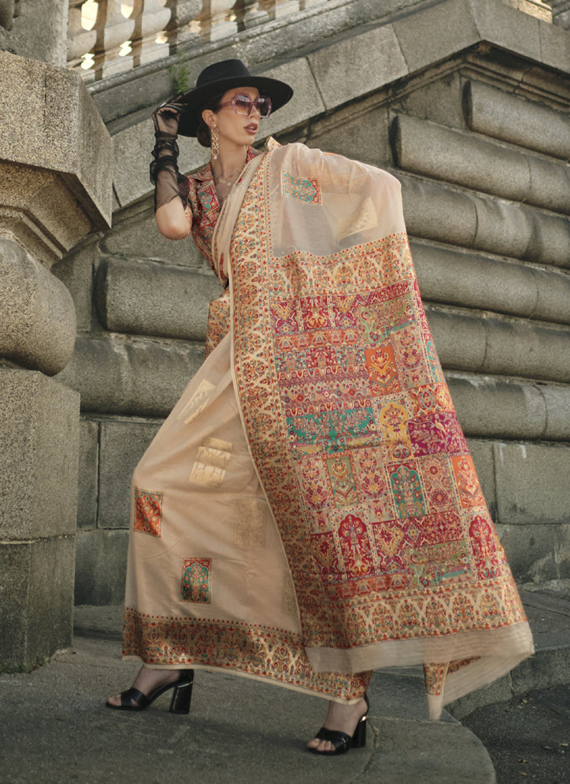 Beige Kashmiri Handloom Woven Saree