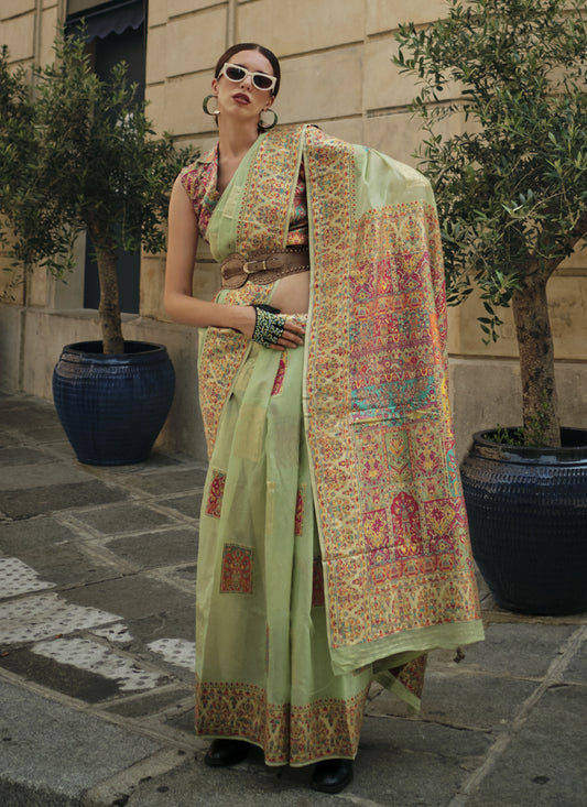 Pista Green Kashmiri Handloom Woven Saree