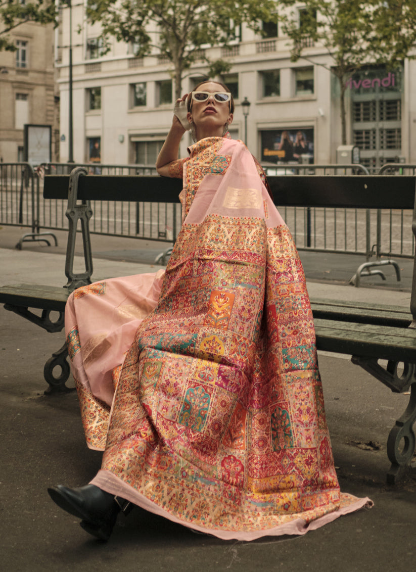 Peach Kashmiri Handloom Woven Saree