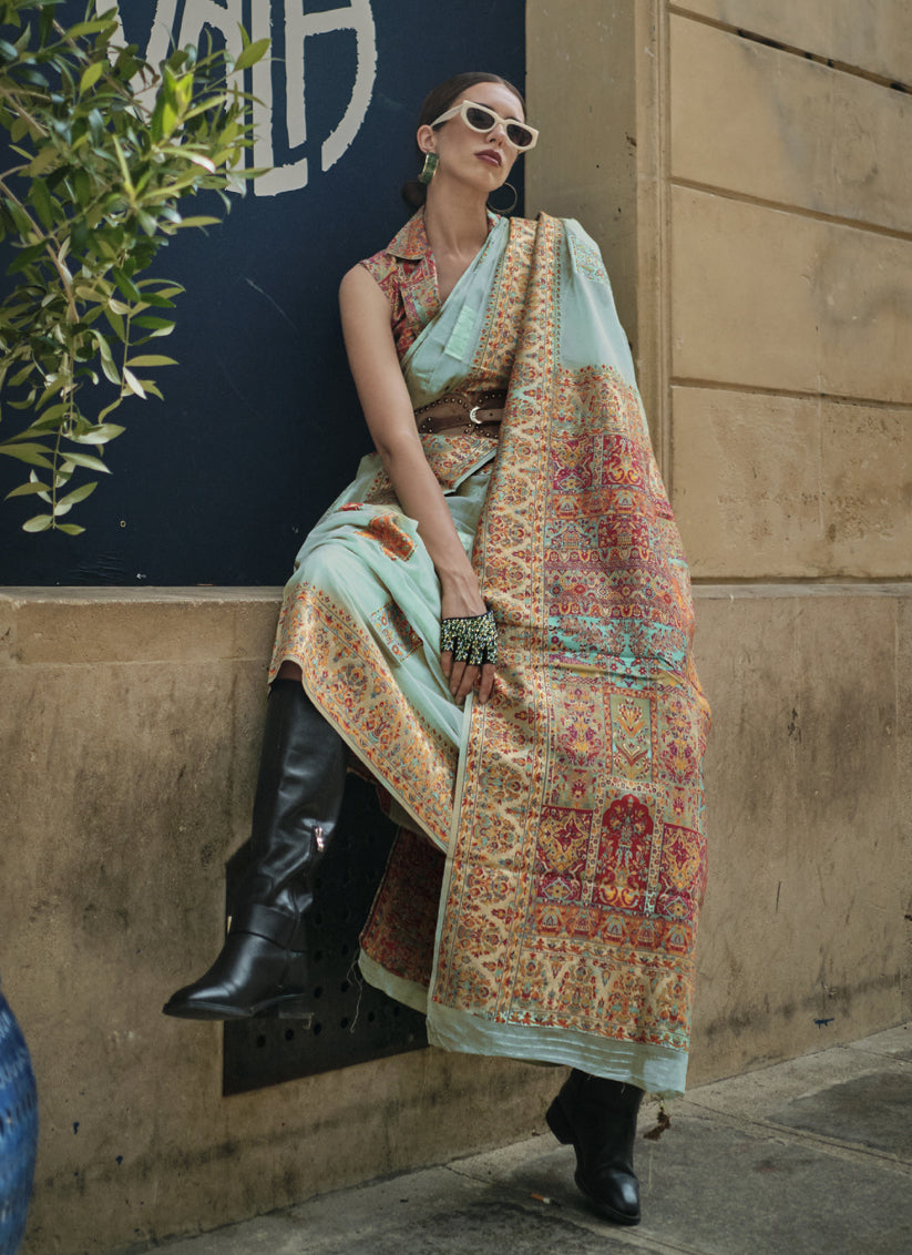 Mint Blue Kashmiri Handloom Woven Saree