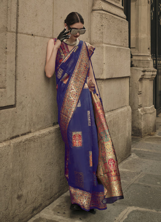 Royal Blue Kashmiri Handloom Woven Saree