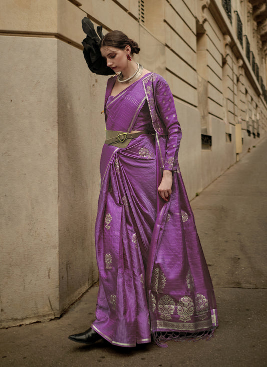 Magenta Satin Zari Woven Saree