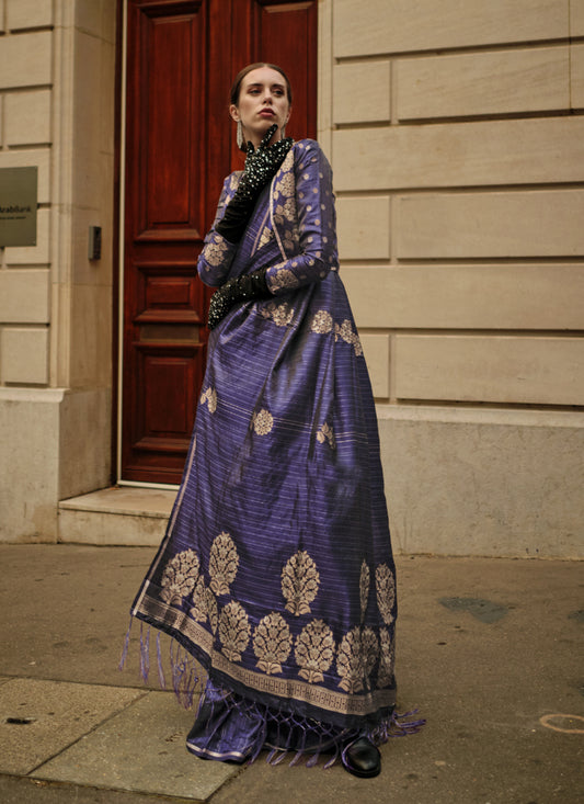 Eggplant Satin Zari Woven Saree