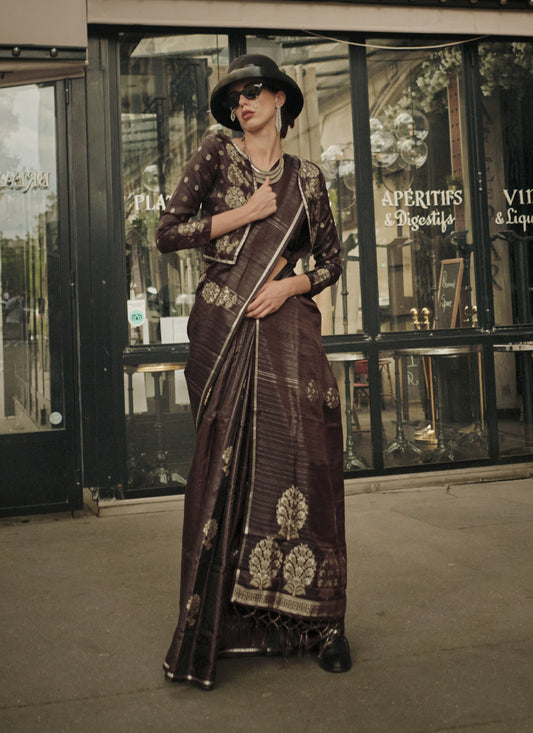 Coffee Brown Satin Zari Woven Saree