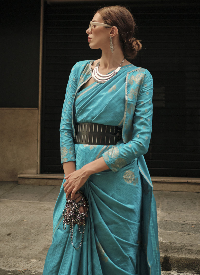 Azure Blue Satin Zari Woven Saree