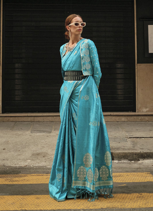 Azure Blue Satin Zari Woven Saree