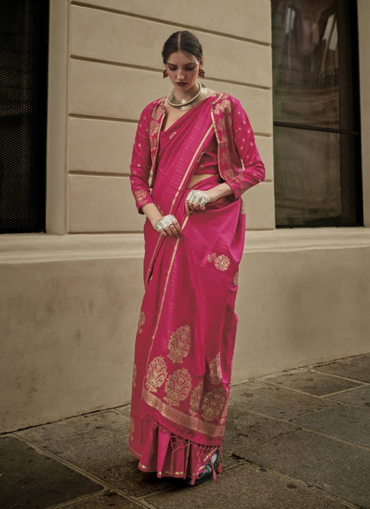 Rani Pink Satin Zari Woven Saree