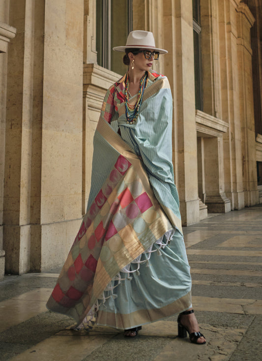 Dusty Blue Soft Silk Handloom Woven Saree