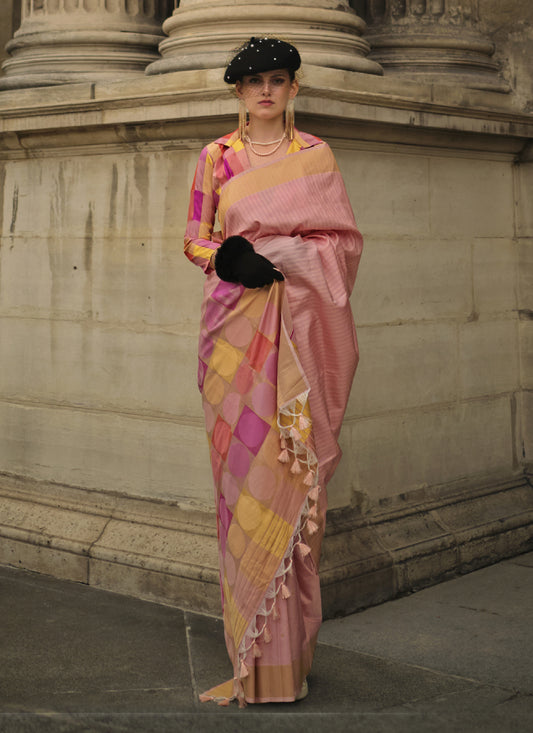 Peach Soft Silk Handloom Woven Saree