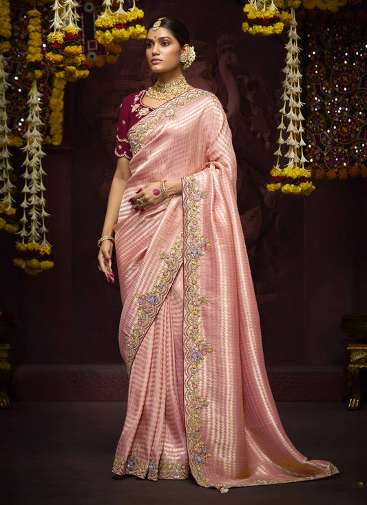 Coral Pink Pure Banarasi Kanjivaram Saree for Wedding