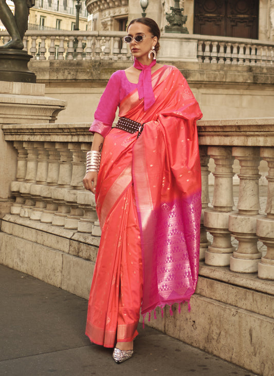 Coral Orange Silk Woven Saree