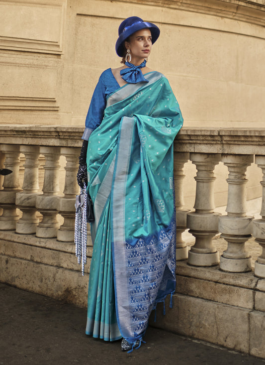 Turquoise Silk Woven Saree